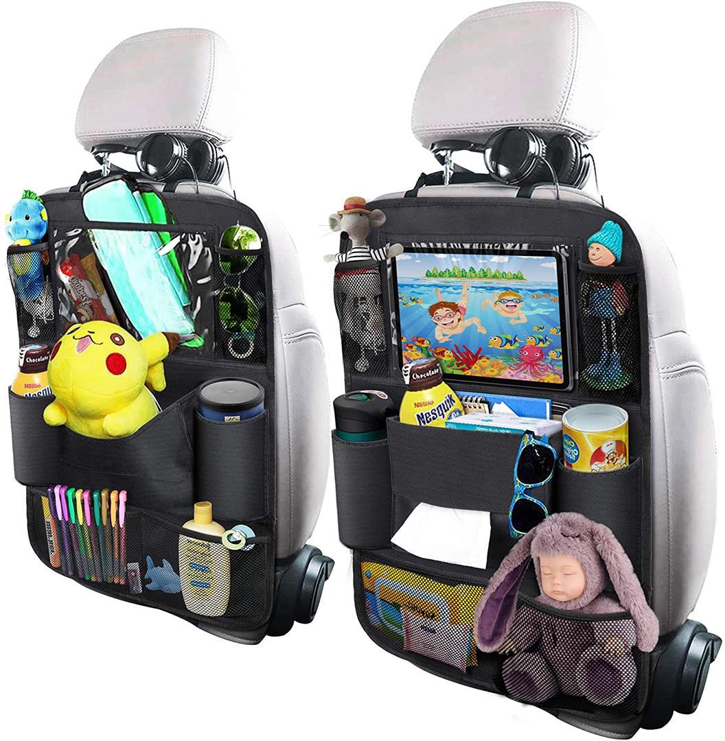 Rear of car seat backrest with children's toys, bottles, and art items