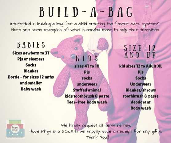 Build-a-Bag program for children in foster care, supported by Ervine's