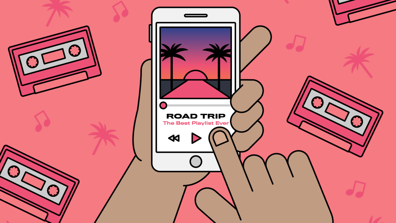 A smartphone music playlist entitled "Road Trip: Best Playlist Ever"