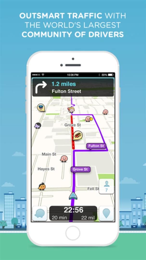 Screenshot of Waze, a driving navigation phone app